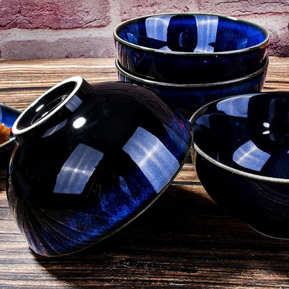 Ceramic Rice Bowl Set of 4, Streaky Blue Reactive Kiln Glaze Porcelain Sauce - Image 5
