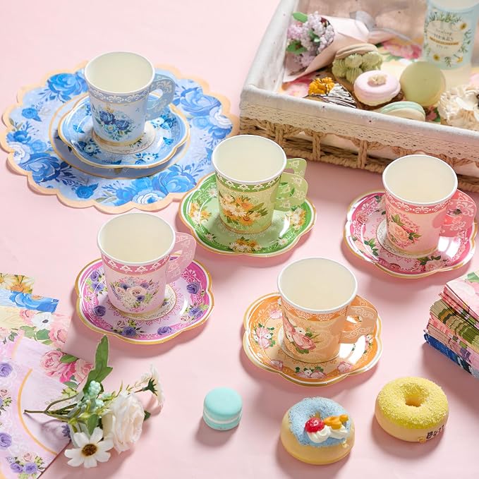 Nuogo 300 Pcs Vintage Floral Disposable Tea Party Set - Image 6