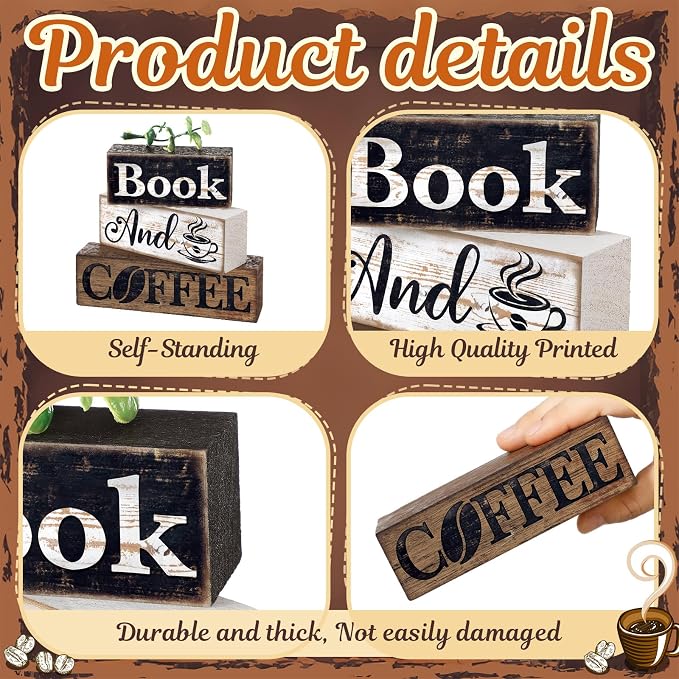 Moucuny 4 Pcs Farmhouse Table Decor Rustic Wooden "book and Coffee" Stacked - Image 3