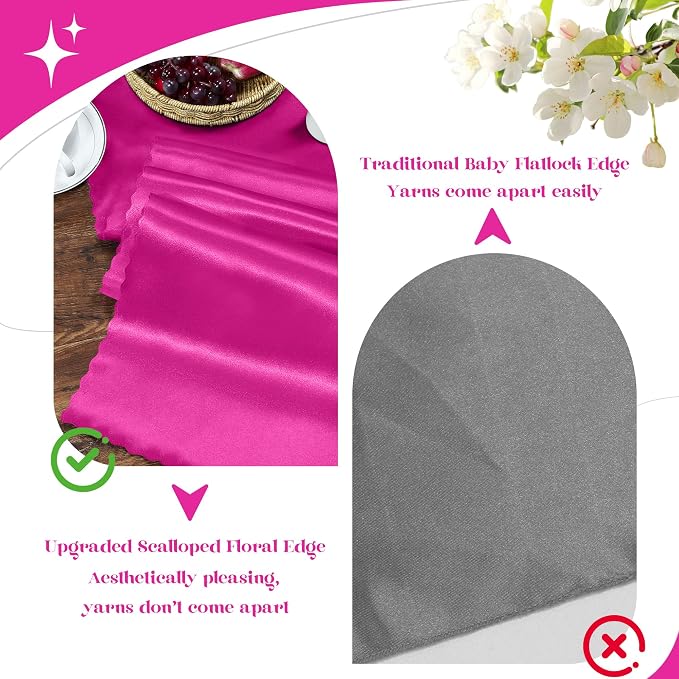 VACVELT Hot Pink Satin Table Runners, 12x72 Inch, 12 Pack, Scalloped Edge | - Image 7