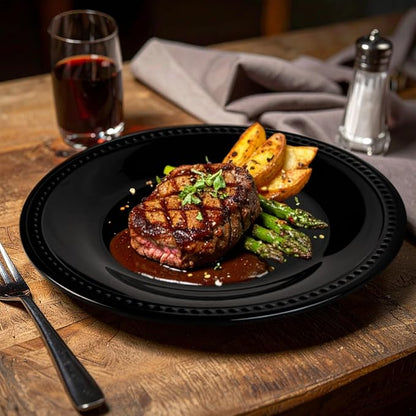 Melamine Beaded Dinner Plate Set of 6, 11inch, Black, BPA Free, Platter, Serving Dishes, Chip & Break Resistant, Lightweight, Durable, Great for Dining, BBQs, Picnics, Weddings & Everyday Meals