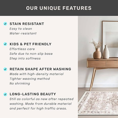 2x4 Boho Runner Rug, Neutral Farmhouse Entryway Rugs, Small Throw Runners for Hallway Bedroom Kitchen, Vintage Floral Design & Non-Slip Low-Pile Washable Stain Resistant Beige Latte