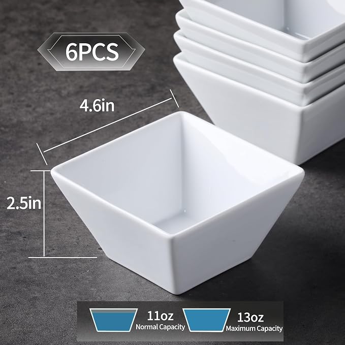Porcelain Cereal Bowls Set of 6, 13 Oz Square Serving Bowls Set | 4.6in Classic - Image 2