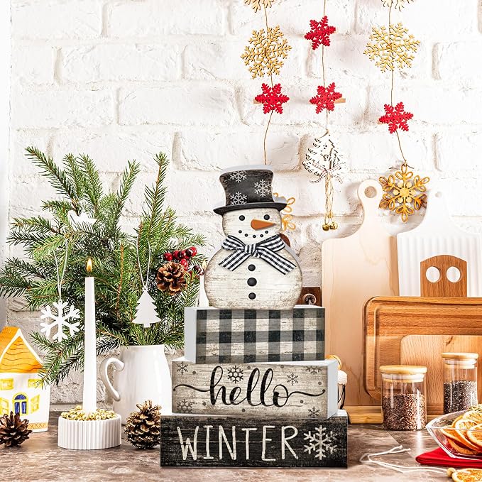 Moucuny 4 Pcs Snowman Christmas Decor Winter Table Decorations Christmas Tiered - Image 8