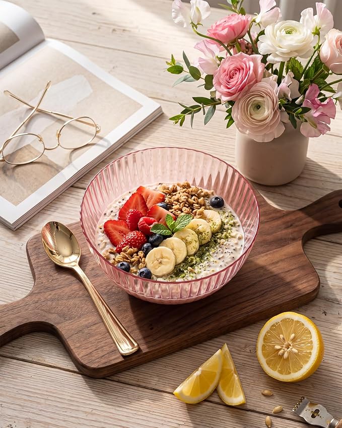 bUCLA 12 PCS Plastic Cereal Bowls Set - 28 Oz Clear Pink Disposable Vertical - Image 4