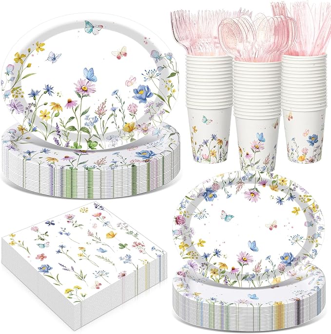 350 Pcs Wildflower Oval Paper Plates Set by Pajean