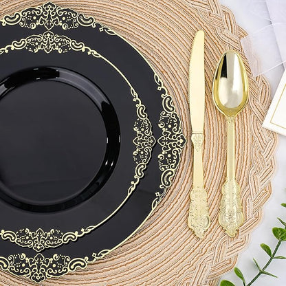 350 PCS Black and Gold Plastic Plates, Plastic Dinnerware Set for 50 Guests, 100 Disposable Plates, 150 Silverwares, 50 Cups, 50 Napkins for Party, Wedding, Graduation