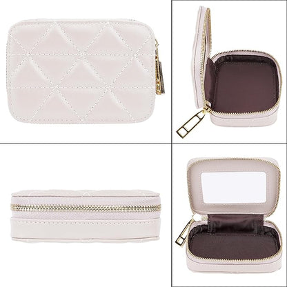 Lipstick Holder with Mirror for Purse, Genuine Leather Makeup Case, Compact Zippered Travel Cosmetic Organizer, Beige