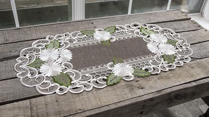 LINENS ART AND THINGS Table Runner Embroidered Pearlescent Daisy Flowers - Image 4