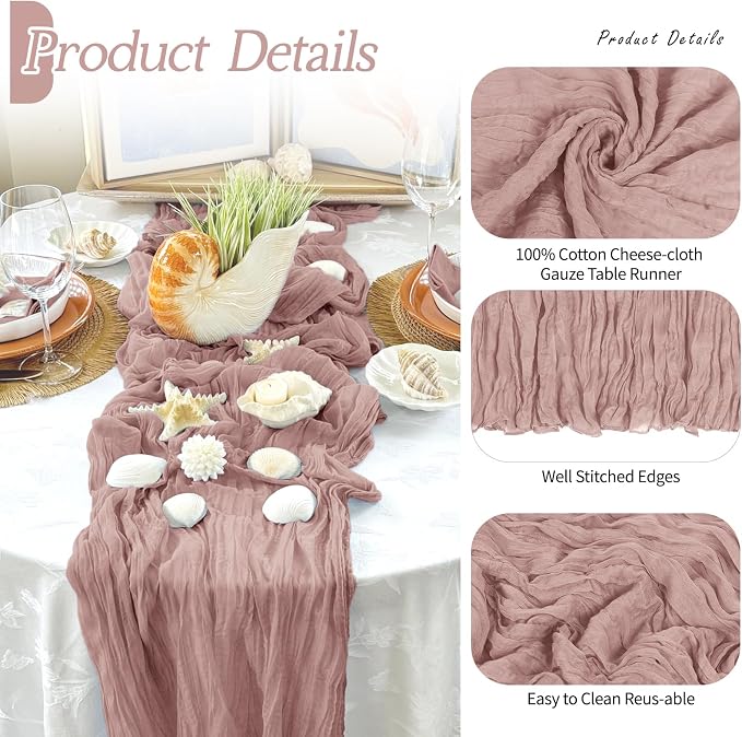 3 Pack Dusty Pink Cheesecloth Table Runner 17x108 Inch Semi Sheer Boho Gauze - Image 3