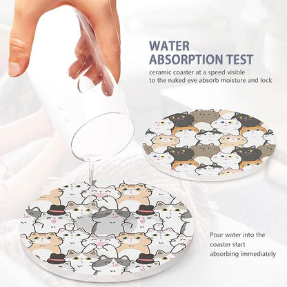 Drink Coasters Set of 6 with Holder, Cute Cats Absorbent Ceramic Coasters with Cork Base,Fit All Cups,Great Gift for Housewarming,Room Decor,Bar,Holiday Party