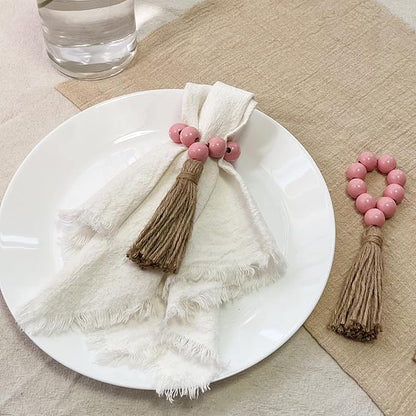 Valentine's Day Napkin Rings Set of 12,Wooden Napkin Ring,Wood Bead Elastic Farmhouse Napkin Holder with Tassel,Boho Napkin Rings for Table Decor,Weeding,Dinner,Party (Pink)