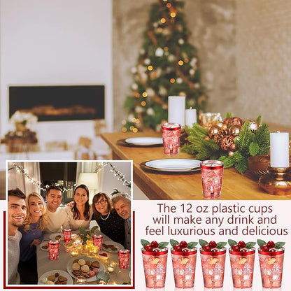 Patelai 100 Pcs Red Plastic Cups 12 oz Red Rimmed Plastic Cups Heavy Duty Disposable Wine Glasses Clear Cocktail Glasses Drinking Tumblers for Party Wedding Christmas Birthday
