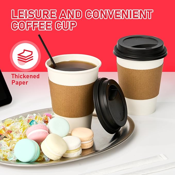 12 oz Paper Coffee Cups with Lids 100 Pack, Disposable Hot Coffee Cups with Lids - Image 2