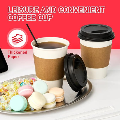 12 oz Paper Coffee Cups with Lids 100 Pack, Disposable Hot Coffee Cups with Lids - Image 2