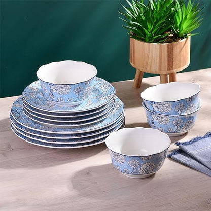 222 Fifth 12-Piece Porcelain Dinnerware Set for 4, White & Light Blue Plates and Bowls Set, Glossy Ceramic Dish Set with Ornate Floral Design, Kitchen Tableware, Microwave & Dishwasher Safe, Cleremont