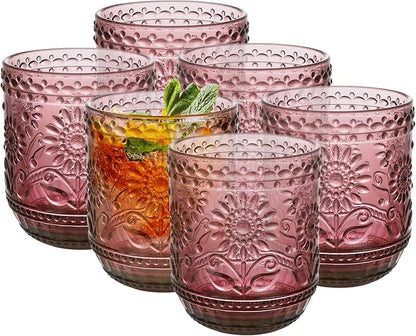 Topsky Vintage Drinking Glass Set of 6,12 oz Embossed Floral Decorative Glassware Set,Glass Cups Wine Glasses Beverages Tumblers Colored Glassware for Whisky,Beer,Juice,Cocktail,Heavy Duty