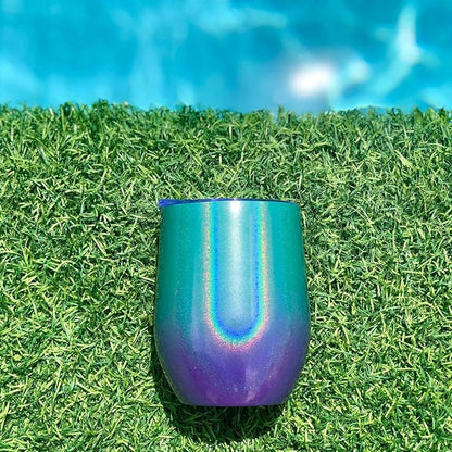 CHILLOUT LIFE 12 oz Stainless Steel Wine Tumblers 4 Pack - Double Wall Vacuum Insulated Wine Glasses Cups with Lids and Straws Set Keeping Cold & Hot for Coffee, Beer, Ice Cream - Mermaid Sparkle