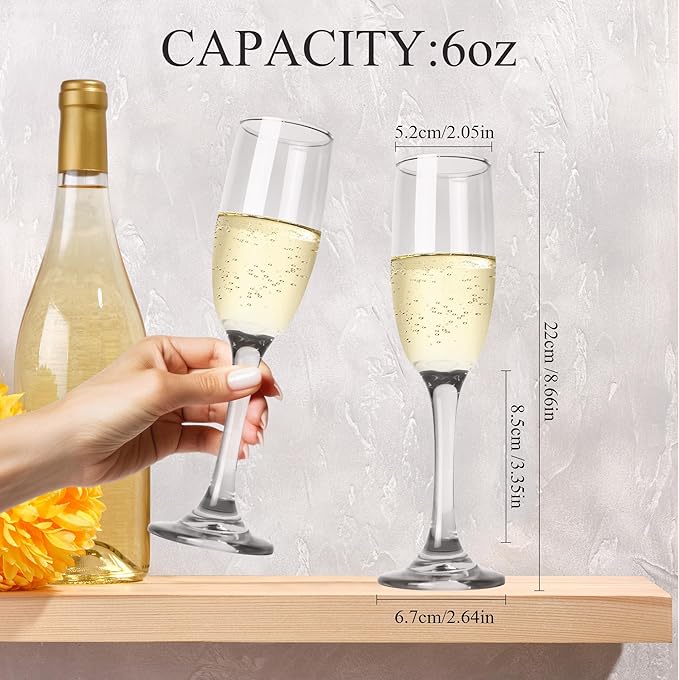 Champagne Flutes Glasses Set of 6-6oz Elegant Crystal Glass, Classic Long Stem Clear Champagne Flute Gift for Wedding, Anniversaries, Parties, Birthday, Restaurant, Home Bar