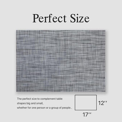 Placemats Set of 12 - Easy Clean Woven Vinyl Placemats for Dining Table, Indoor/Outdoor Place Mats, Washable PVC Table Mats（Dark Gray）