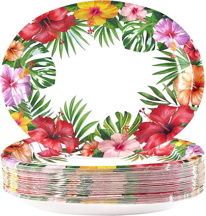 Grencian 50 Pcs Hawaiian Luau Oval Paper Plates 10"×12" Large Tropical Aloha Party Plates Disposable Heavy Duty Hawaiian Floral Luau Serving Tray for Summer Beach Birthday Party Supplies Decorations