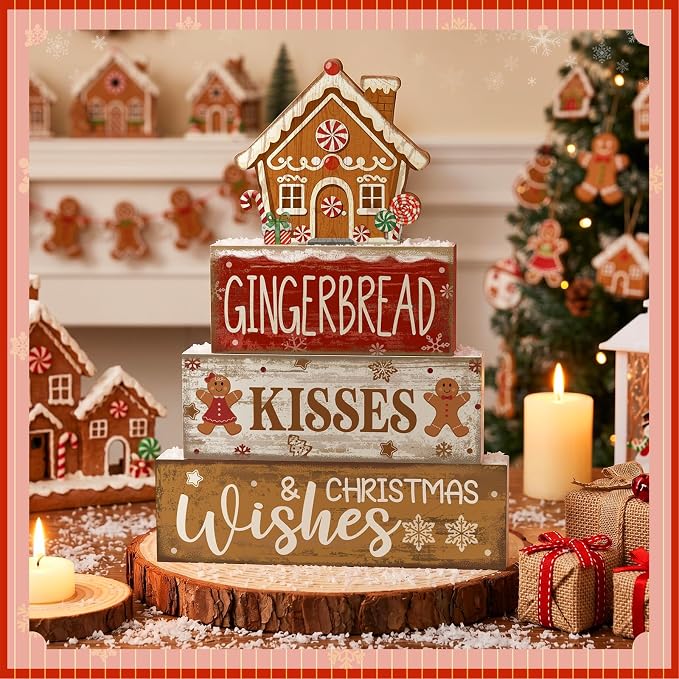 Moucuny 4 Pcs Christmas Table Decoration Gingerbread House Wooden Stacked Block - Image 2
