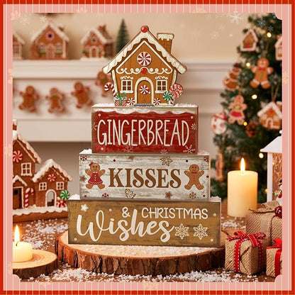 Moucuny 4 Pcs Christmas Table Decoration Gingerbread House Wooden Stacked Block - Image 2