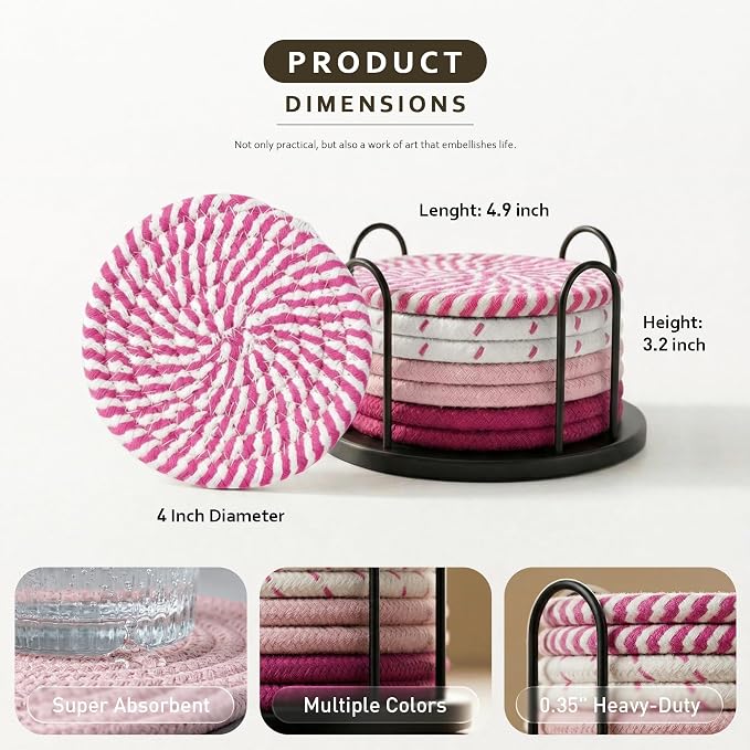 Lazebox Coasters Set of 8 for Drinks, 4 Inch Large Coasters for Coffee Table - Image 4