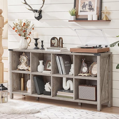8 Cube Book Shelf, Farmhouse Wood Long Storage Organizer Bookcase, 62" Horizontal Grey Oak Console Closet Bookshelf, Hallway TV Stand for Entryway, Display Cabinet Book Case for Living Room