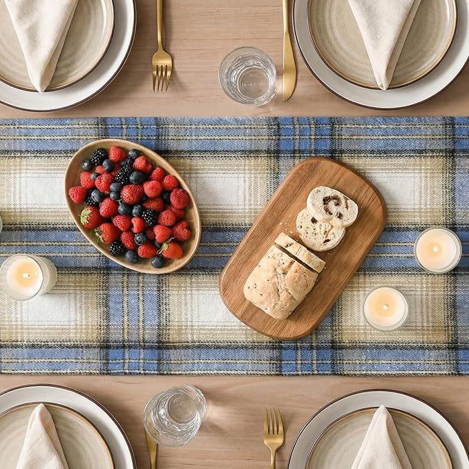 Artoid Mode Blue Light Coffe Farmhouse Plaid Spring Table Runner, Winter Rustic - Image 3