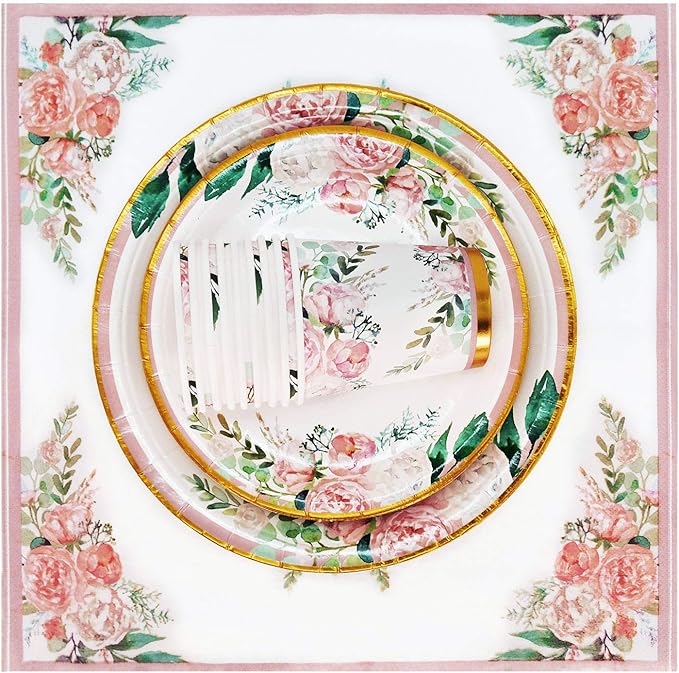 Floral Party Supplies paper plates and Napkins Sets for 24 Guest-Include Floral Disposable Paper Plates,Cups,Napkin forr Bridal Shower,Birthday,Wedding,Bachelorette party Supplies