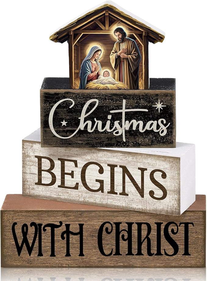 Moucuny 4 Pcs Christmas Table Decoration Christian Wooden Stacked Block Decor by Moucuny