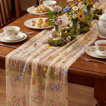 Champagne Floral Table Runner 10ft Embroidery Tulle Spring Wildflower Table by Windkream
