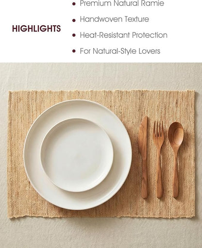 Handmade Ramie Placemats Set of 6, 12"x18" Eco-Friendly Natural Woven Table Mats for Dining Table, Heat-Resistant & Washable Natural Fiber Placemats for Kitchen, Farmhouse, Boho & Home Decor