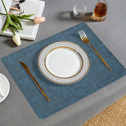 Faux Leather Placemats Set of 6, Heat Resistant Wipeable Washable Vinyl Place Mats, Waterproof Anti-Slip Dining Table Mats, Suitable for Indoor & Outdoor Use (Navy Blue)