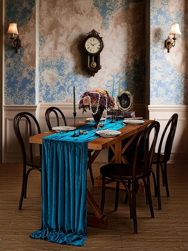 Peacock Blue Velvet Table Runner 29x120 Inch Luxury Retro Thick Runners | 10ft - Image 3