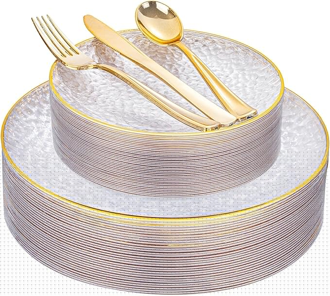 Rubtlamp 30Guest Plastic Gold Dinnerware Set, Gold Plastic Plates, Heavy Duty Disposable Dinnerware Include 30 Dinner Plate,30 Dessert Plates, 90 gold Silverware