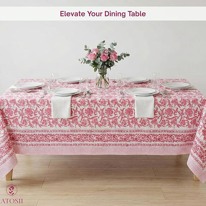 ATOSII Red Bloom 100% Cotton Tablecloth, Handblock Print Rectangle Table Cover for Kitchen Dining I Tabletop Linen I Parties, Wedding, Spring Summer Table Cloth 60 X 90 Inches