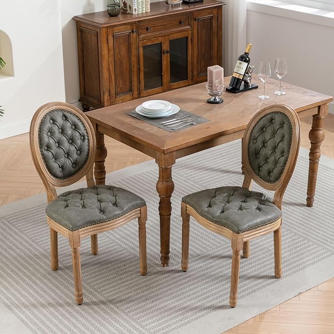 Vintage French Dining Chairs Set of 4, Round Back PU Leather Upholstered Side Chairs with Nailhead Trim and Solid Wood Frame, Sillas de Comedor for Dining Room & Kitchen, Olive Green