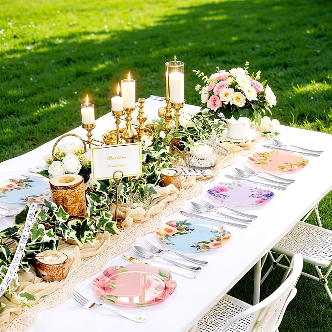 60Pcs Floral Plastic Plates - Image 6