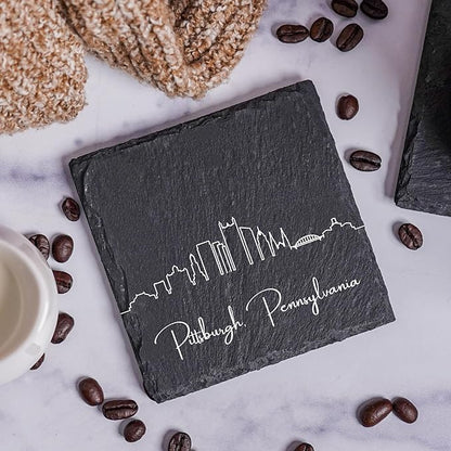Blue Ridge Mountain Gifts - Pittsburgh PA Skyline Coasters, Set of 4 - Pittsburgh Pennsylvania Souvenir, Slate Coasters with Minimalist Skyline, Housewarming Gift for Friends, Family, & Neighbors