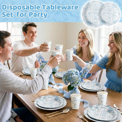 LemonRoad 150 Pcs Blue Bow Floral Disposable Plates and Napkins Bow Coquette - Image 7