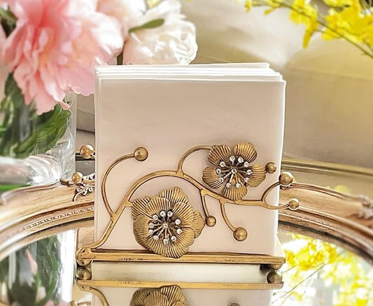 Gold Orchid Blooms Napkin Holder| Exquisite Orchid Flowers & Faux Crystals Design| Vertical Iron Metal Disposable Tissue Paper Towel Tabletop Dispenser Organizer| Bathroom Kitchen Hotel
