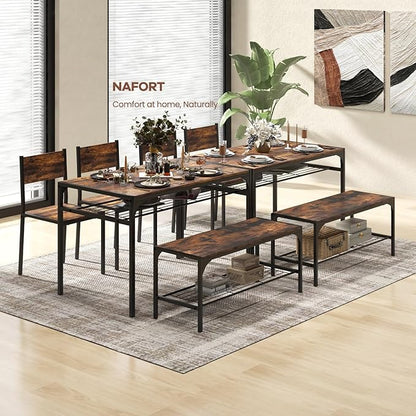 NAFORT Dining Table Set for 4, Kitchen Table with 2 Chairs and Bench, Rustic Wood Dining Set with Metal Storage Shelf, 4-Piece Space-Saving Dinette Sets for Kitchen&Dining Room, Apartment