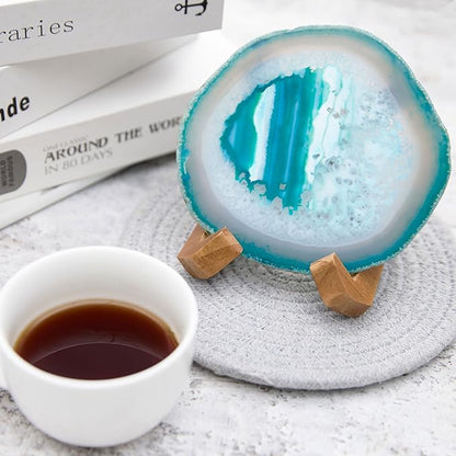 Luxury Lane Large Natural Brazilian Agate Slice Geode Rock Stone Drink Coaster with Wood Holder 4.7-5.5 inch Centerpiece Table Decoration, Teal