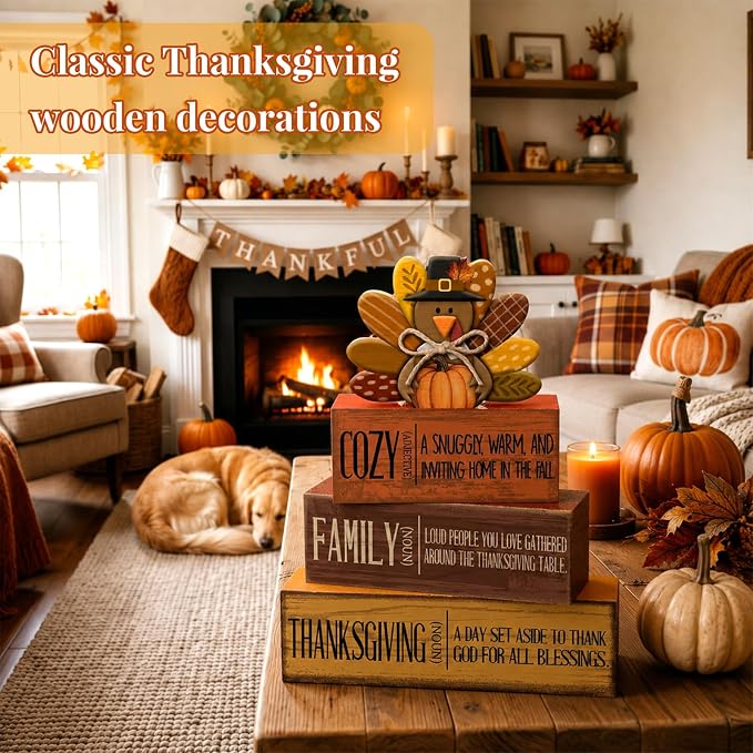 Moucuny 4 Pcs Fall Decorations for Home Wooden Turkey Decor Thanksgiving Tiered - Image 2