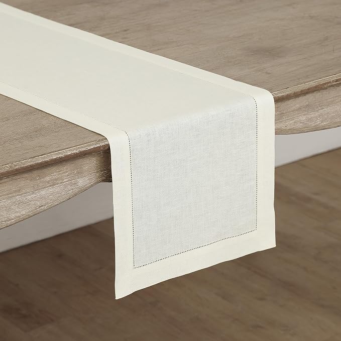 Solino Home 100% Linen Table Runner Ivory, Classic Hemstitch 14 x 72 in | Table - Image 2