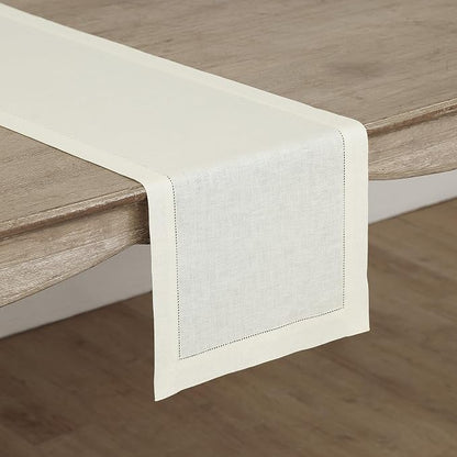 Solino Home 100% Linen Table Runner Ivory, Classic Hemstitch 14 x 72 in | Table - Image 2