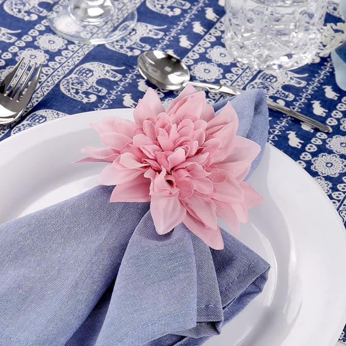 wonlex Farmhouse Flower Napkin Rings Set of 8, Faux Pink Dahlia Napkin Ring - Image 6