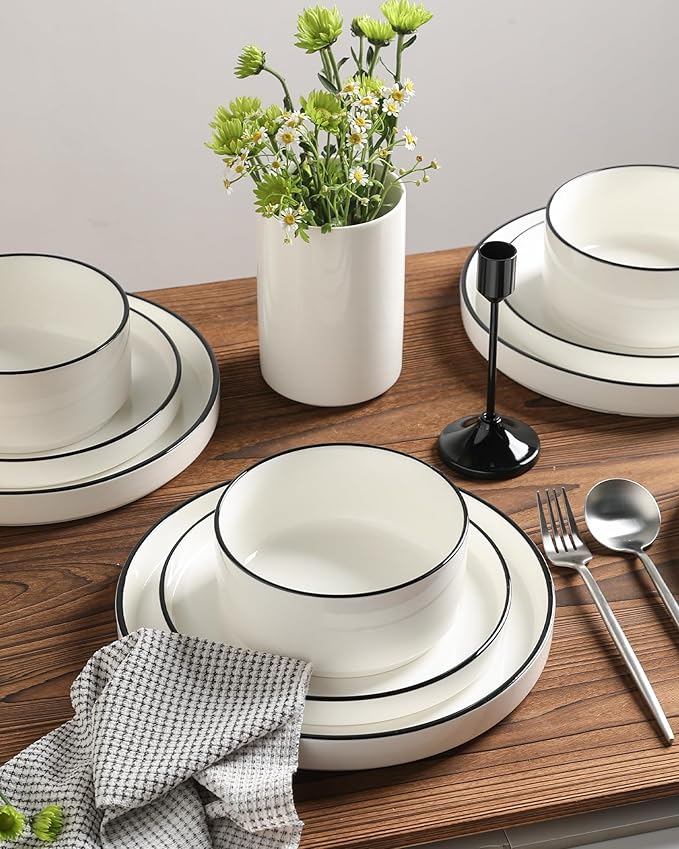 Sweejar Porcelain Dinnerware Sets for 6, 18 Pieces Ceramic Plates and Bowls Set, Classic Modern Simple Kitchen Dinner Dining Ware Set, Dishwasher and Microwave Safe Dishes Sets(Pure White-Black Rim)
